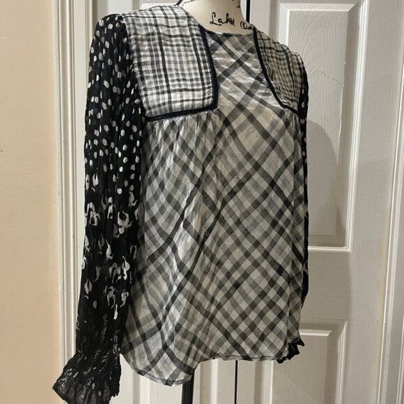 BL-NK BLOUSE MIRANDA PEASANT MONOCHROMATIC BLACK/WHITE SHEER PRINT Sz S BADDIE - Picture 11 of 16